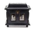 A Continental Ebonized Tortoise Shell and Enameled Copper PlaqueMounted Jewelry Casket