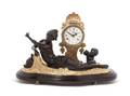 A Contemporary Gilt and Patinated Bronze Figural ThreePiece Clock Garniture Kepa