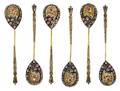 A Set of Six Russian SilverGilt and Enamel Demitasse Spoons