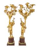 A Pair of Continental Gilt Bronze and Marble ThreeLight Candelabra