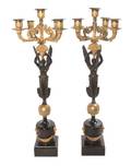 A Pair of French Gilt and Patinated Bronze FiveLight Candelabra