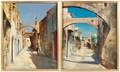 Pair 1967 Mediterranean Street Scene Oils Signed