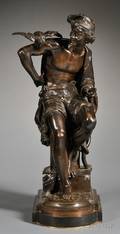 CharlesEugene Brunin 18411887 Bronze Figure of a Fisherman with a Parakeet