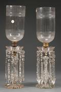 Pair of Colorless Cut Glass Mantel Lustres with Hurricane Shades