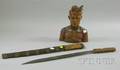 Balinese Carved Wood Bust and a Carved Woodhandled Knife and Scabbard