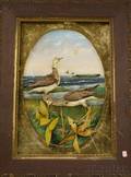 Late Victorian Framed Shorebirds and Painted Scene Diorama