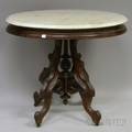 Victorian Renaissance Revival Oval White Marbletop Carved Walnut Occasional Table