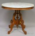 Victorian Oval White Marbletop Carved Walnut Occasional Table