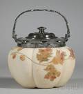 Mt WashingtonAlbertine Silver Plate Mounted Gilt and Handpainted Oak Leaf and Acorn Decorated Opaque Glass Biscuit Jar