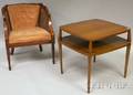Frenchstyle Caned and Upholstered Barrelback Armchair and a Modern TwoTiered End Table