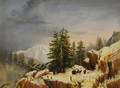 Framed Oil on Canvas Alpine Landscape with Figures