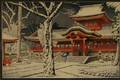 Framed Japanese Woodblock Print Depicting a Temple in a Snowy Landscape