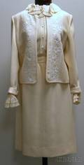 Vintage Ladys Louis Fraud Cream Wool Embroidered Suit and Silk Blouse