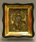 Box Framed Russian Painted Madonna and Child Icon with Brass Riza