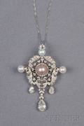 Edwardian Platinum Colored Pearl Pearl and Diamond PendantBrooch