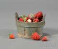 Miniature Bluepainted Wooden Tub Filled with Strawberryshaped Pincushions and Emories