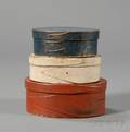 Three Graduating Oval Painted Covered Lappedseam Boxes in Red White and Blue