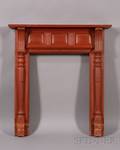 Redpainted Carved and Turned Fireplace Mantel with Paneled Frieze