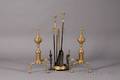 Pair of Brass Urntop Andirons with Matching Tools and a Brass Stand