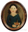 PriorHamblin School 19th Century Portrait of a Little Girl in a Blue Dress Holding a Red Book