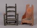 Early Childs Blackpainted Slatback Armchair and a Small Redpainted Childs Rocker