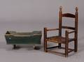 Small Greenpainted Cradle and a Blackpainted Ladderback Childs Chair