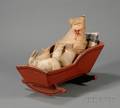 Redpainted Doll Cradle with Four Lithographed Cloth Cats and a Rabbit