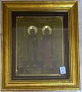 Shadow Box Framed Russian 19th Century Style Giltmetal Mounted Tempera on Panel Icon