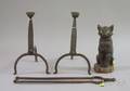 Pair of Wrought Iron Andirons Fireplace Tongs and a Painted Cast Iron Seated Black Cat Doorstop