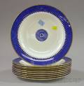 Set of Nine Wedgwood Gilt and Blue and White Transfer Decorated Porcelain Dinner Pla