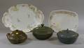 Two Transfer Decorated Porcelain Platters and Three Glazed Art Pottery Covered Bowls