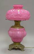Victorian Brassmounted Molded Cased Pink Art Glass Kerosene Table Lamp