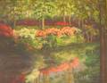 Framed Oil on Canvasboard View of Azaleas on Turtle Creek by Virginia Stauffer
