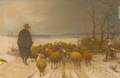 Framed Pastel on Paper Winter Scene with Sheep and Herder
