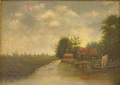 Framed American School Oil on Canvas Landscape with House on a Riverbank
