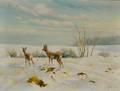 Carl Hoyrup American 18931961 Doe and Fawn in a Winter Landscape