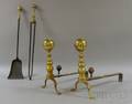 Pair of Brass Belted Balltop Andirons with Matching Hearth Shovel and Tongs