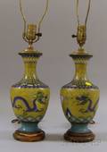 Pair of Asian Cloisonne Dragon Decorated VaseTable Lamps