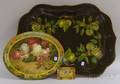 Two Chromolithographed Roses and Hunting Dog Decorated Tin Trays and a Handpainted Green Apples Decorated Tole Tray