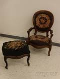 Victorian Walnut Needlepoint Upholstered Walnut Parlor Armchair and Ottoman