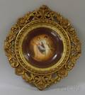 Goldpainted Gesso and Wood Framed Czech Gilt and Transfer Portrait of Maidens Decorated Porcelain Cabinet Plate