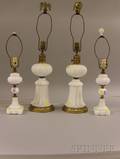 Two Pairs of Opaque White Pressed Glass Oil Lamps