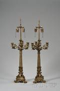 Pair of Empirestyle Cast Bronze ThreeLight CandelabraTable Lamps