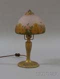Gilt Cast Metal Boudoir Lamp with Reversepainted Floral Decorated Art Glass Shade