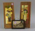 Framed Pietra Dura Landscape Plaque and a Pair of MidCentury Modern Enamel on Copper Floral Still Life Plaques Mounted on Wood