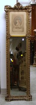 Rococostyle Giltgesso Trumeau Mirror with French Handcolored Portrait Engraving
