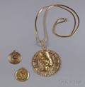 Two 14kt Gold Zodiac Pendants and a Large 14kt Gold Nefertiti Pendant on 14kt Gold Chain