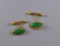 Pair of 18kt Gold and Jade Navetteform Cuff Links