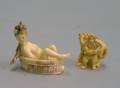 Two Netsuke of a Warrior with War Horse and a Bathing Woman