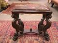 Italian Renaissancestyle Marbleinset Carved Mahogany Stand with Carved Griffin Supports